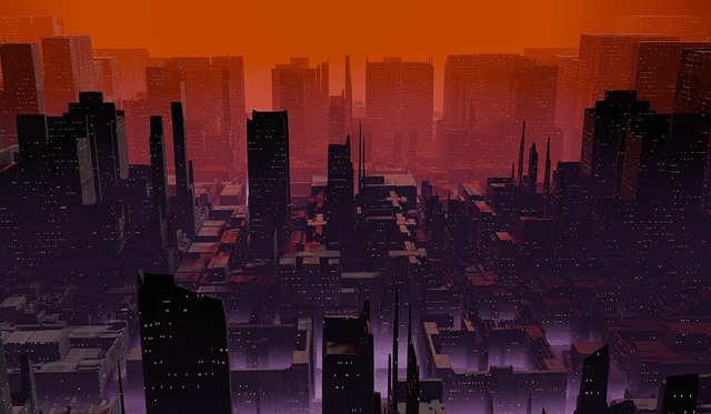 Concept art showing an abstract, dystopian city landscape